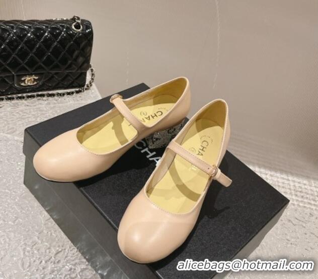 Top Grade Chanel Calfskin Mary Janes Pumps 4.5cm with Crystals Heel Beige 201053