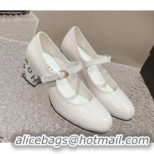 Good Quality Chanel Calfskin Mary Janes Pumps 4.5cm with Crystals Heel White 201054