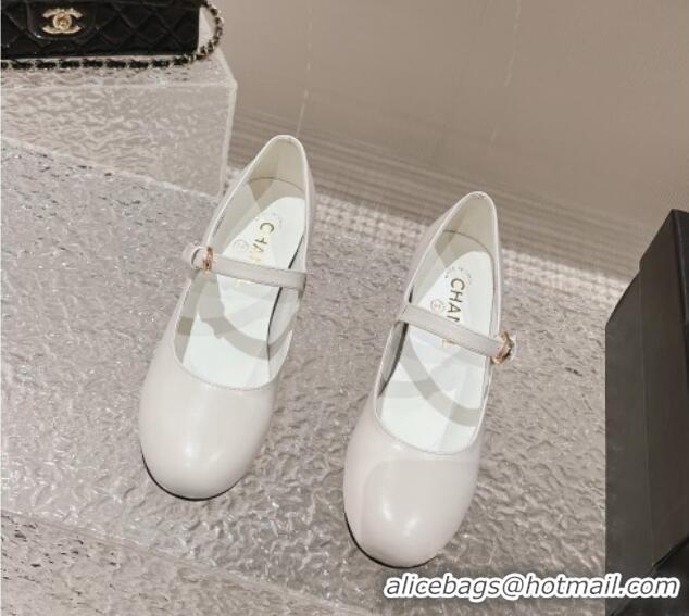 Good Quality Chanel Calfskin Mary Janes Pumps 4.5cm with Crystals Heel White 201054