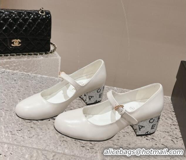 Good Quality Chanel Calfskin Mary Janes Pumps 4.5cm with Crystals Heel White 201054