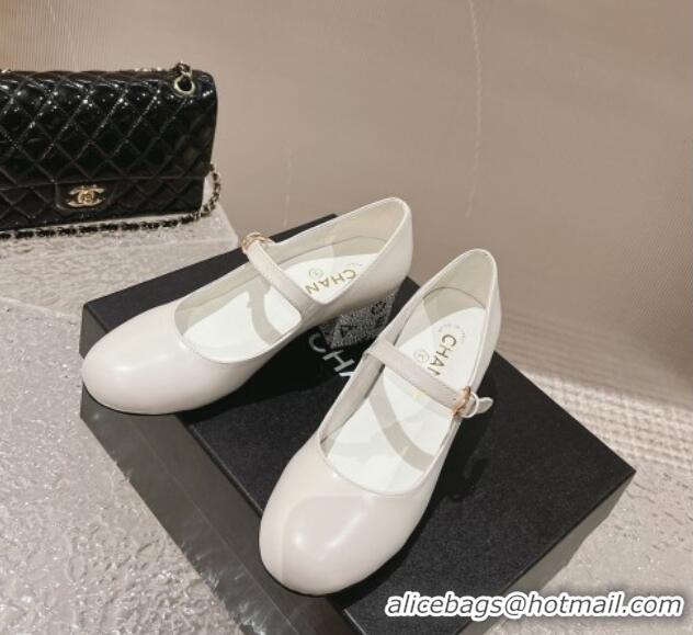 Good Quality Chanel Calfskin Mary Janes Pumps 4.5cm with Crystals Heel White 201054