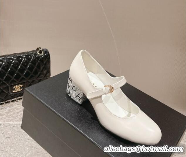 Good Quality Chanel Calfskin Mary Janes Pumps 4.5cm with Crystals Heel White 201054