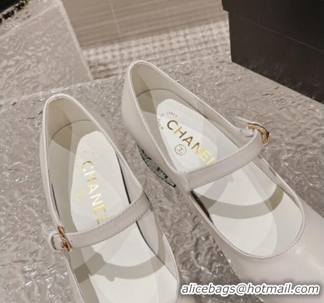 Good Quality Chanel Calfskin Mary Janes Pumps 4.5cm with Crystals Heel White 201054