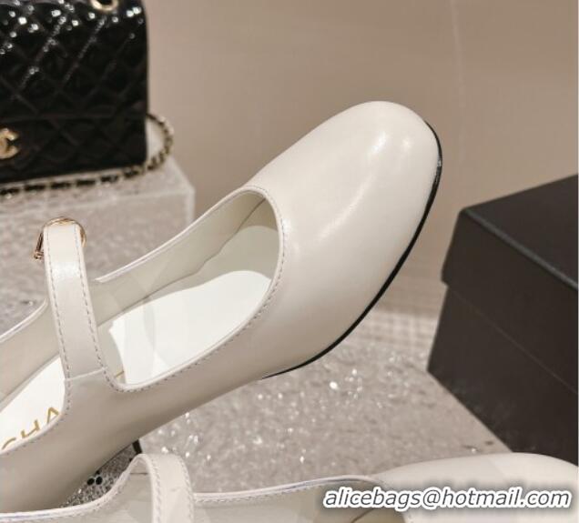 Good Quality Chanel Calfskin Mary Janes Pumps 4.5cm with Crystals Heel White 201054