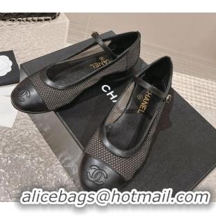 Stylish Chanel Mesh and Calfskin Mary Janes Flat Shoes Black 201055