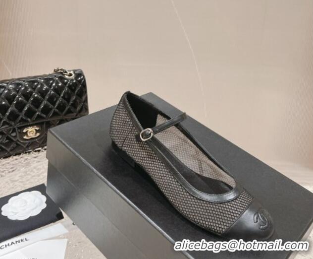 Stylish Chanel Mesh and Calfskin Mary Janes Flat Shoes Black 201055