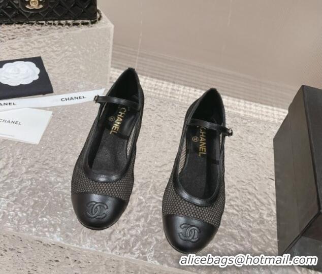 Stylish Chanel Mesh and Calfskin Mary Janes Flat Shoes Black 201055