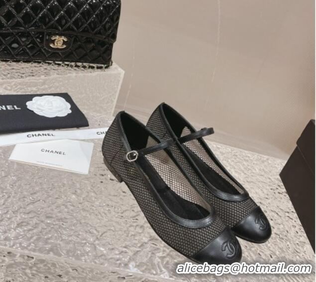 Stylish Chanel Mesh and Calfskin Mary Janes Flat Shoes Black 201055