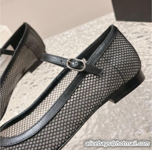 Stylish Chanel Mesh and Calfskin Mary Janes Flat Shoes Black 201055