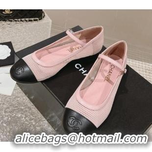 Popular Style Chanel Mesh and Calfskin Mary Janes Flat Shoes Pink 201056