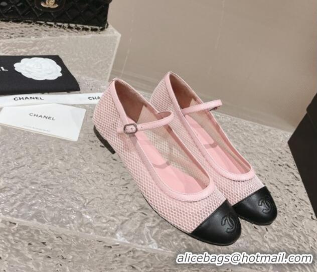 Popular Style Chanel Mesh and Calfskin Mary Janes Flat Shoes Pink 201056