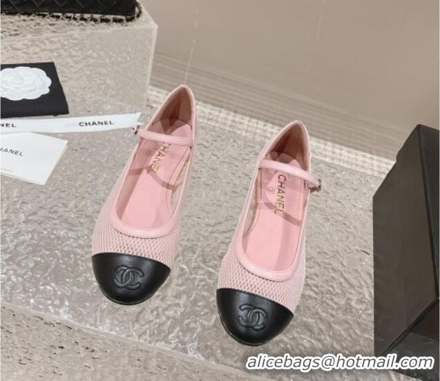 Popular Style Chanel Mesh and Calfskin Mary Janes Flat Shoes Pink 201056