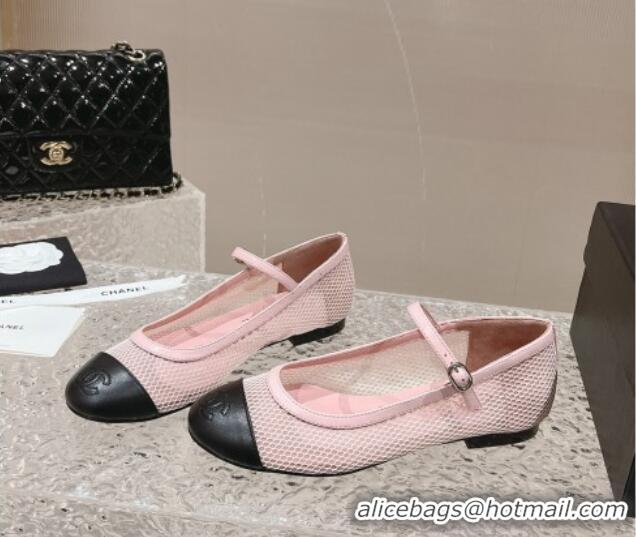 Popular Style Chanel Mesh and Calfskin Mary Janes Flat Shoes Pink 201056