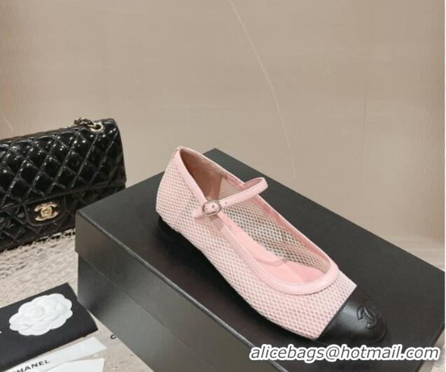 Popular Style Chanel Mesh and Calfskin Mary Janes Flat Shoes Pink 201056