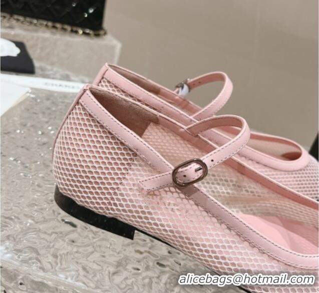 Popular Style Chanel Mesh and Calfskin Mary Janes Flat Shoes Pink 201056