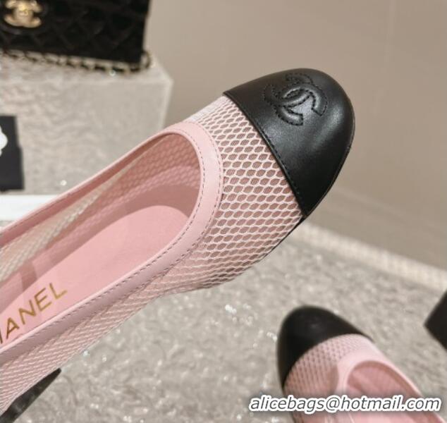 Popular Style Chanel Mesh and Calfskin Mary Janes Flat Shoes Pink 201056