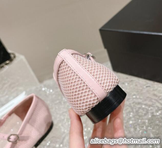 Popular Style Chanel Mesh and Calfskin Mary Janes Flat Shoes Pink 201056