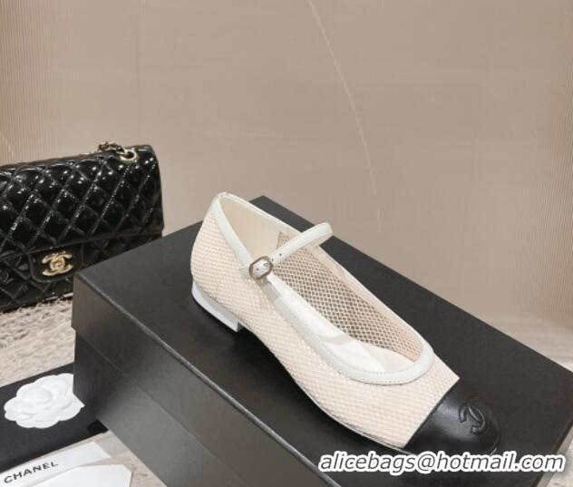 Pretty Style Chanel Mesh and Calfskin Mary Janes Flat Shoes White 201057