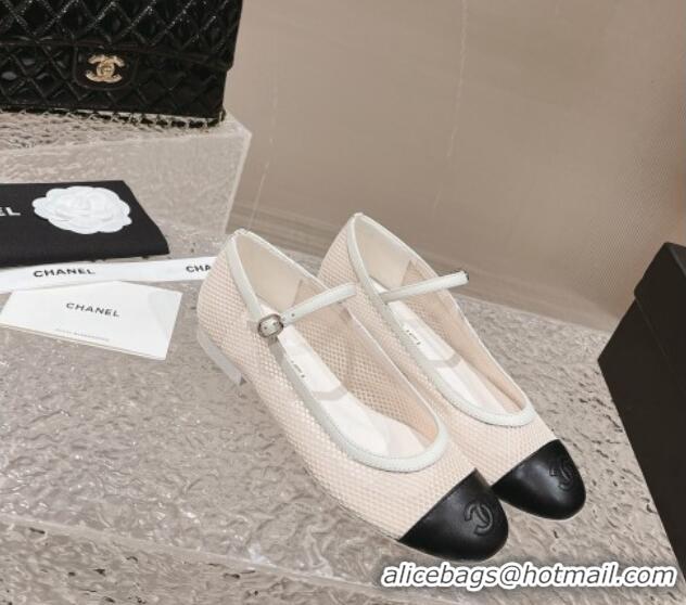 Pretty Style Chanel Mesh and Calfskin Mary Janes Flat Shoes White 201057