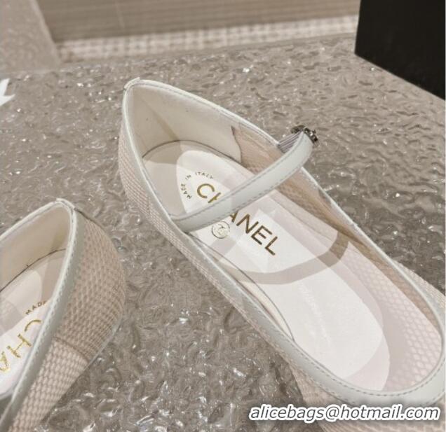 Pretty Style Chanel Mesh and Calfskin Mary Janes Flat Shoes White 201057