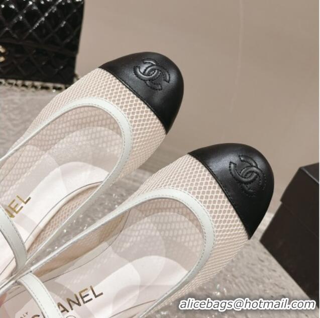 Pretty Style Chanel Mesh and Calfskin Mary Janes Flat Shoes White 201057