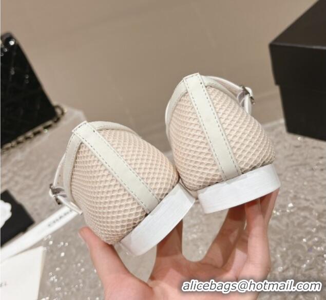 Pretty Style Chanel Mesh and Calfskin Mary Janes Flat Shoes White 201057