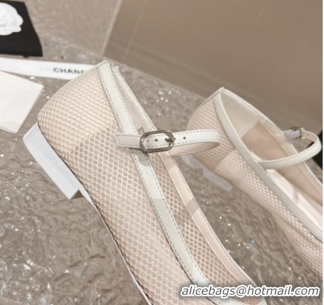 Pretty Style Chanel Mesh and Calfskin Mary Janes Flat Shoes White 201057