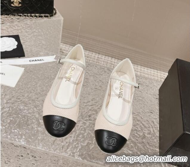 Pretty Style Chanel Mesh and Calfskin Mary Janes Flat Shoes White 201057