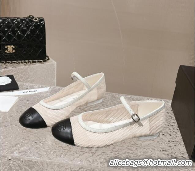 Pretty Style Chanel Mesh and Calfskin Mary Janes Flat Shoes White 201057