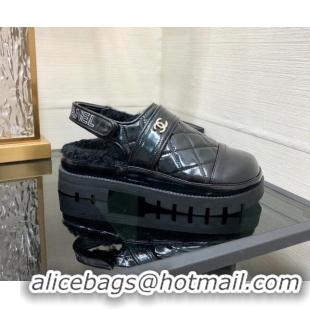 Best Grade Chanel Quilted Calfskin and Wool Open Back Loafers Black 201061