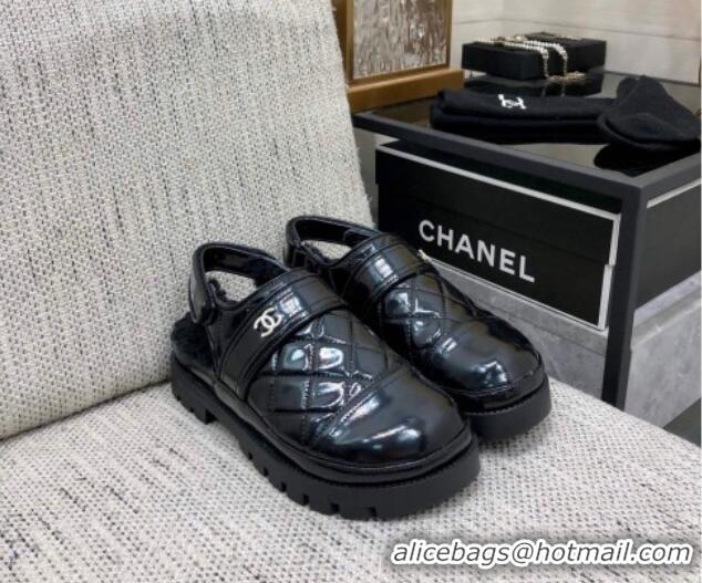 Best Grade Chanel Quilted Calfskin and Wool Open Back Loafers Black 201061