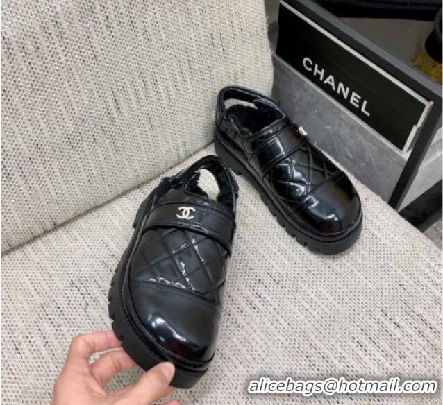 Best Grade Chanel Quilted Calfskin and Wool Open Back Loafers Black 201061