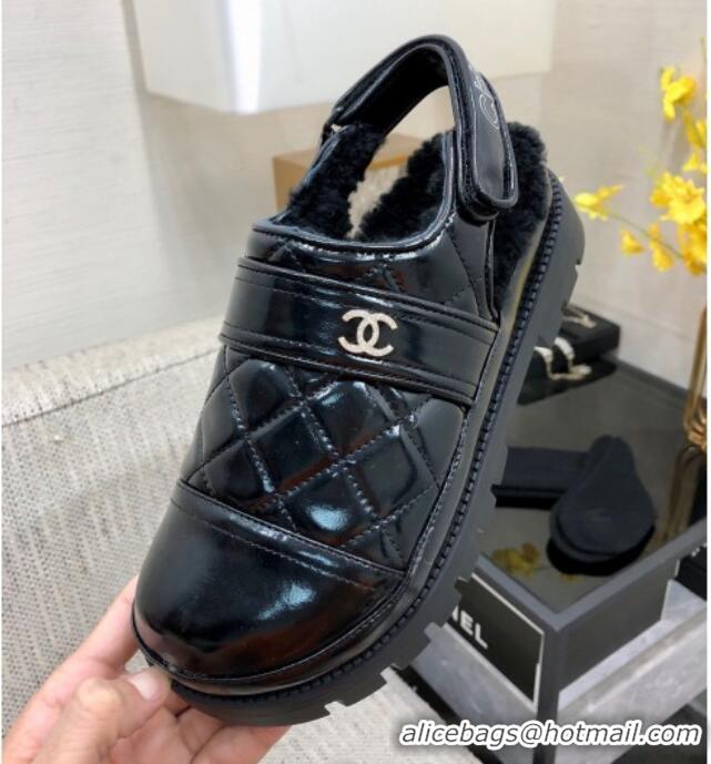 Best Grade Chanel Quilted Calfskin and Wool Open Back Loafers Black 201061