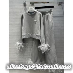 Promotional Prada Crew-neck Sweatshirt and Pants with Feather Trim P112936 Grey 2023