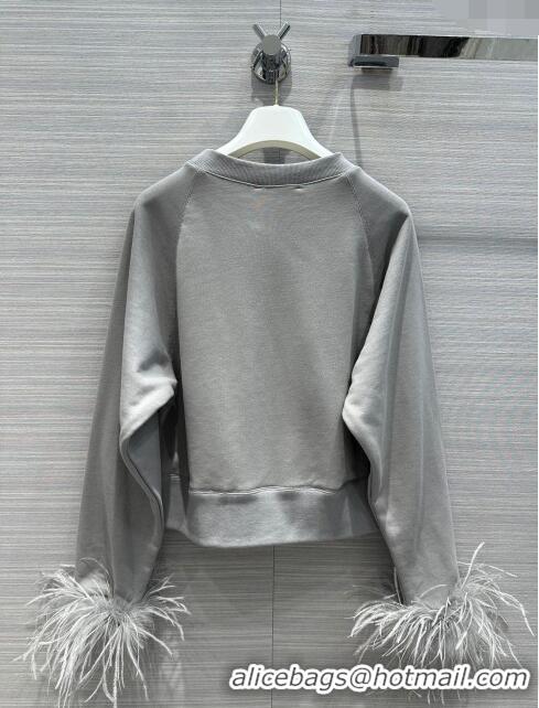 Promotional Prada Crew-neck Sweatshirt and Pants with Feather Trim P112936 Grey 2023