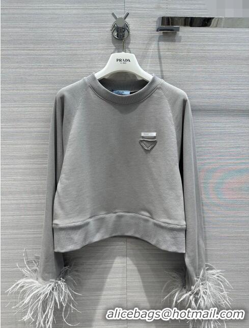 Promotional Prada Crew-neck Sweatshirt and Pants with Feather Trim P112936 Grey 2023