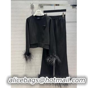 Top Grade Prada Crew-neck Sweatshirt and Pants with Feather Trim P112937 Black 2023