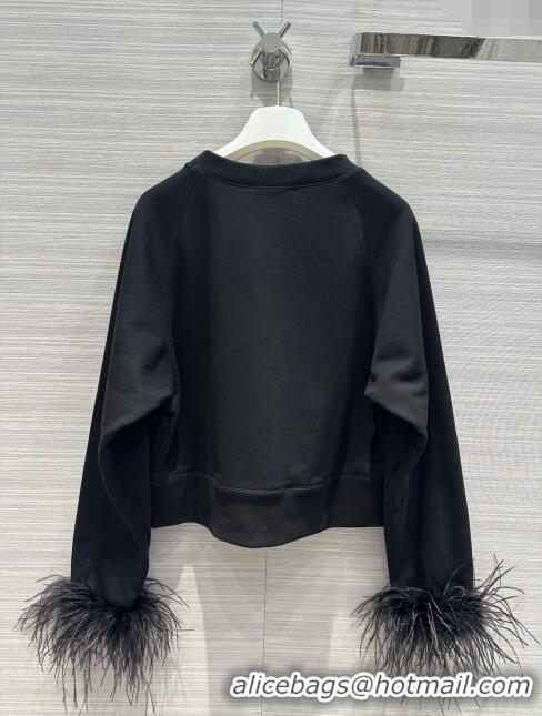 Top Grade Prada Crew-neck Sweatshirt and Pants with Feather Trim P112937 Black 2023