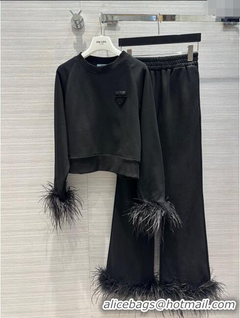 Top Grade Prada Crew-neck Sweatshirt and Pants with Feather Trim P112937 Black 2023