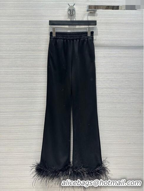 Top Grade Prada Crew-neck Sweatshirt and Pants with Feather Trim P112937 Black 2023