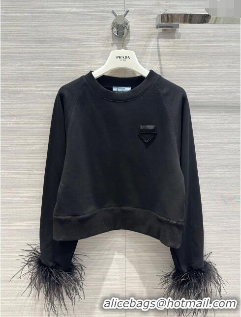 Top Grade Prada Crew-neck Sweatshirt and Pants with Feather Trim P112937 Black 2023