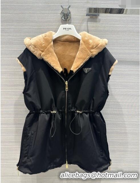 Top Grade Prada Montone Reversible Shearling Fur and Nylon Vest P112940 Black 2023