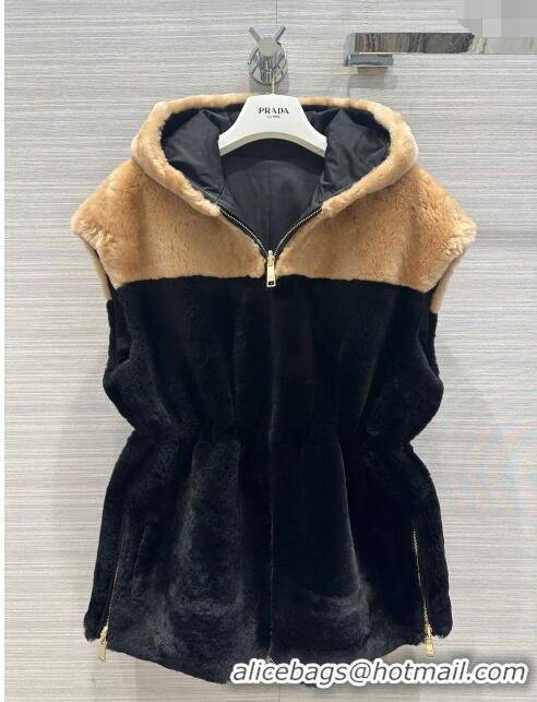 Top Grade Prada Montone Reversible Shearling Fur and Nylon Vest P112940 Black 2023