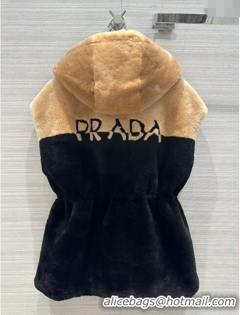 Top Grade Prada Montone Reversible Shearling Fur and Nylon Vest P112940 Black 2023