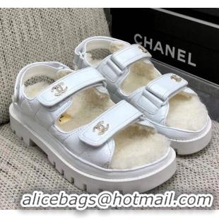 Shop Duplicate Chanel Patent Calfskin and Wool Strap Sandals White 201063