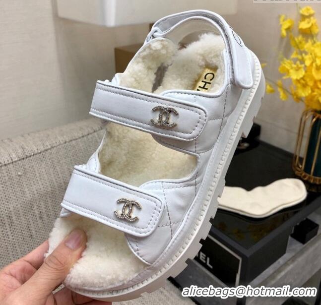 Shop Duplicate Chanel Patent Calfskin and Wool Strap Sandals White 201063