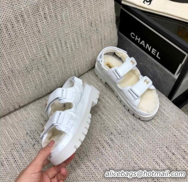 Shop Duplicate Chanel Patent Calfskin and Wool Strap Sandals White 201063