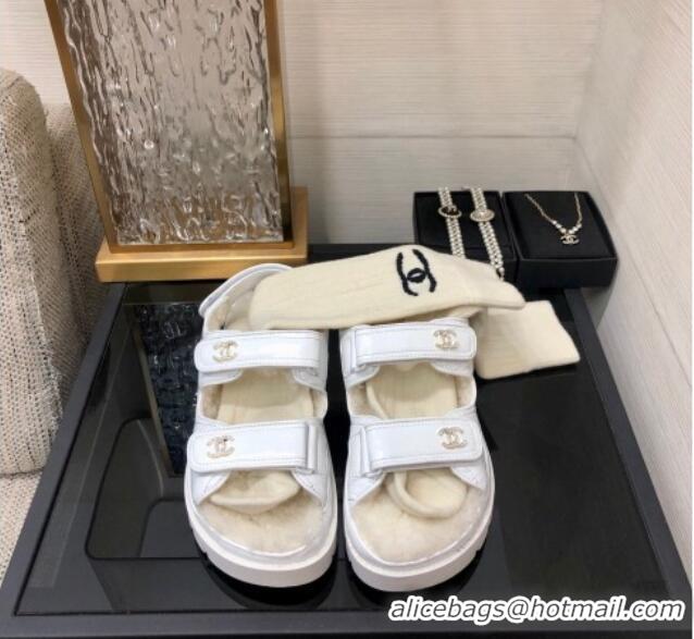 Shop Duplicate Chanel Patent Calfskin and Wool Strap Sandals White 201063