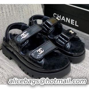 Comfortable Chanel Patent Calfskin and Wool Strap Sandals Black 1201064