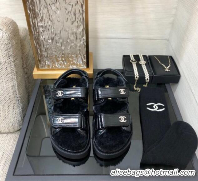 Comfortable Chanel Patent Calfskin and Wool Strap Sandals Black 1201064